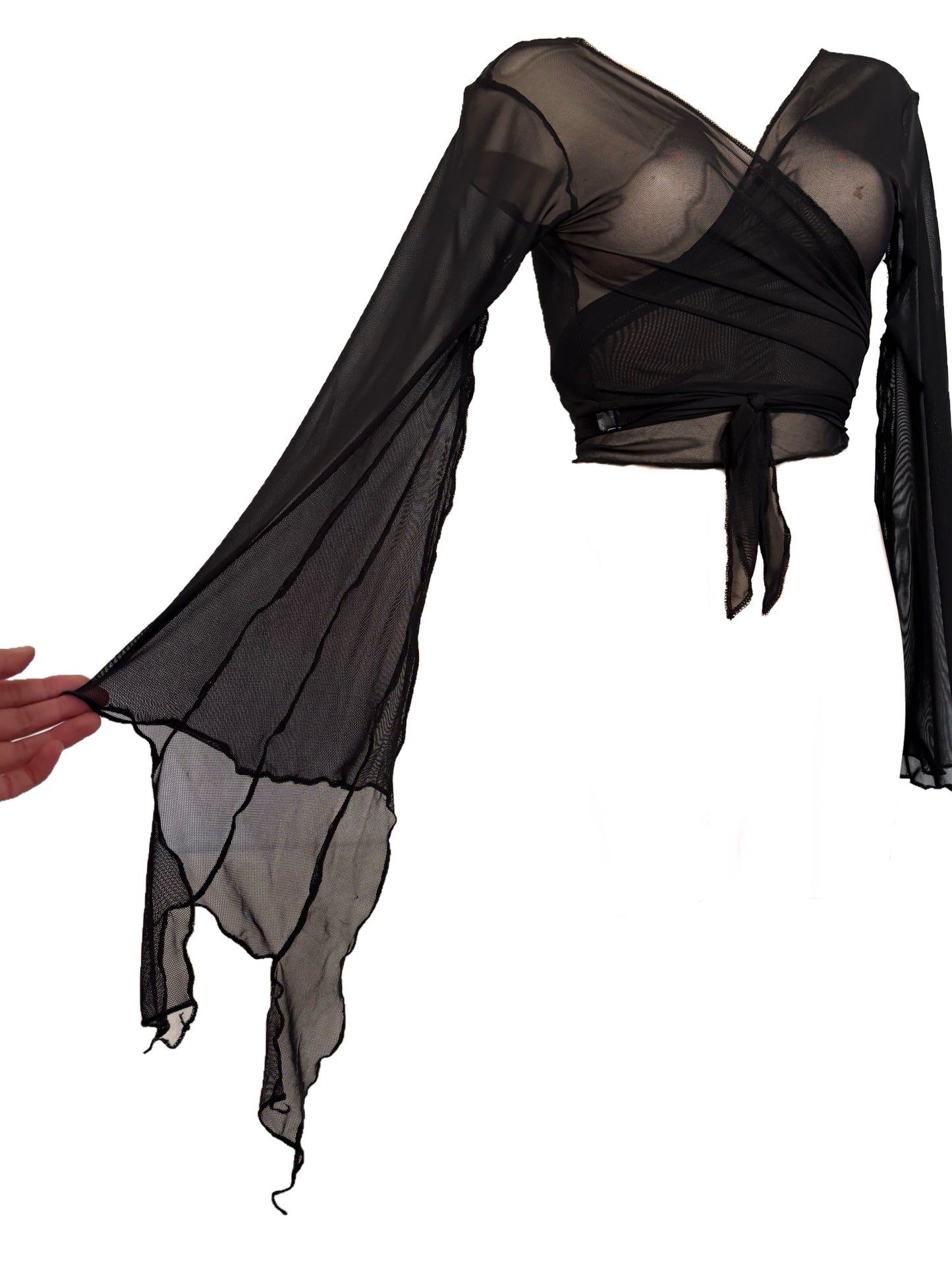 Handmade Melancholic Ballerina Mesh Cardigan Transparent Reversible Wrap Over Blouse - Black