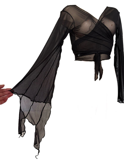 Handmade Melancholic Ballerina Mesh Cardigan Transparent Reversible Wrap Over Blouse - Black