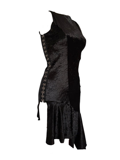Handmade Asymmetrical Etui Dress with Volants and Hocks Made Of Velvet