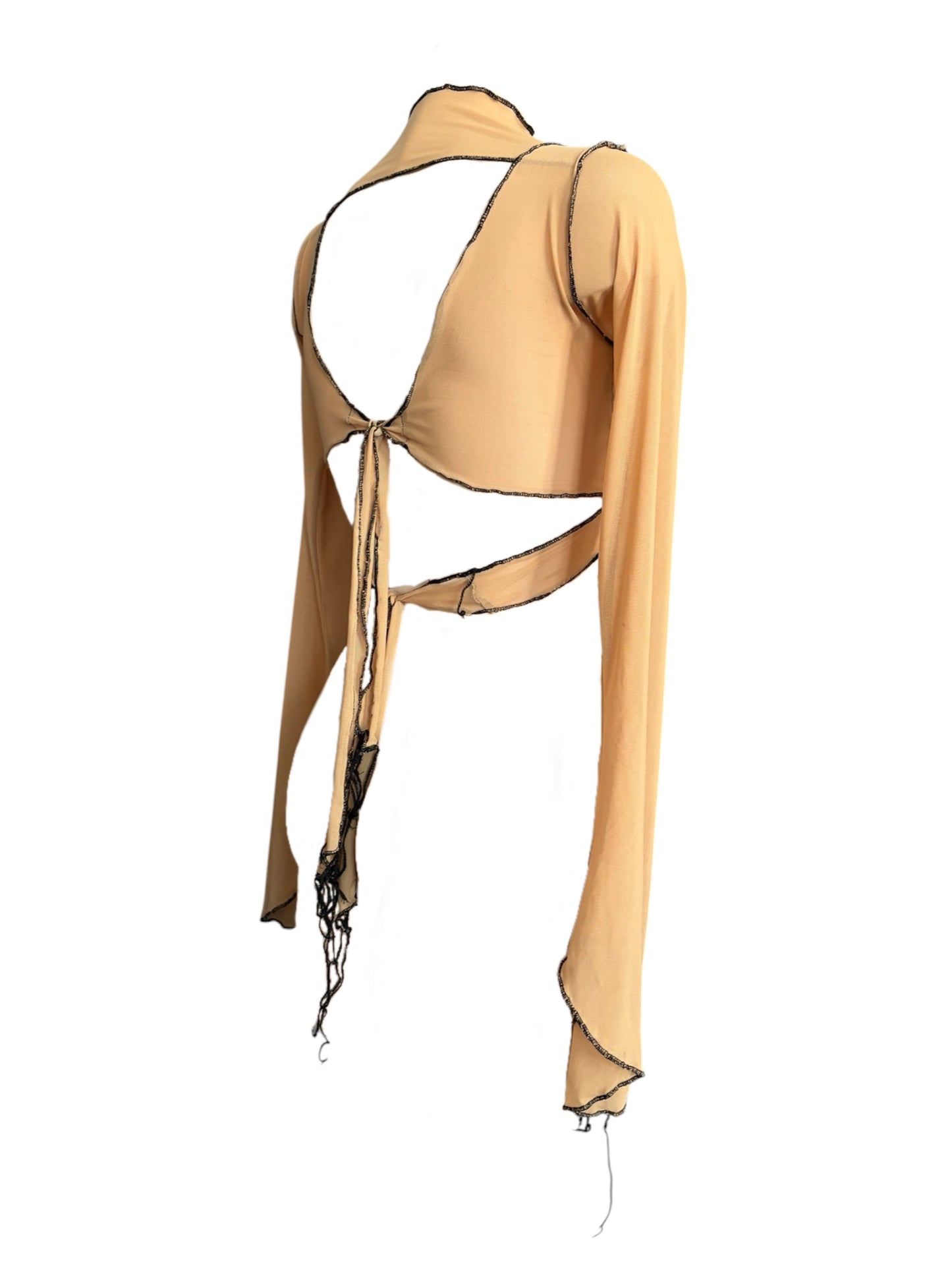 Handmade Destructive Longsleeve Blouse To Tie Nylon Mesh With Overlock Seams - Nude / Black