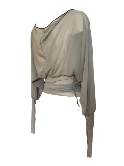 Handmade Super Fine Transparent Mesh Blouse With Batwing Sleeves, Overlock Seams & Fake Wrap Collar Detail - Taupe