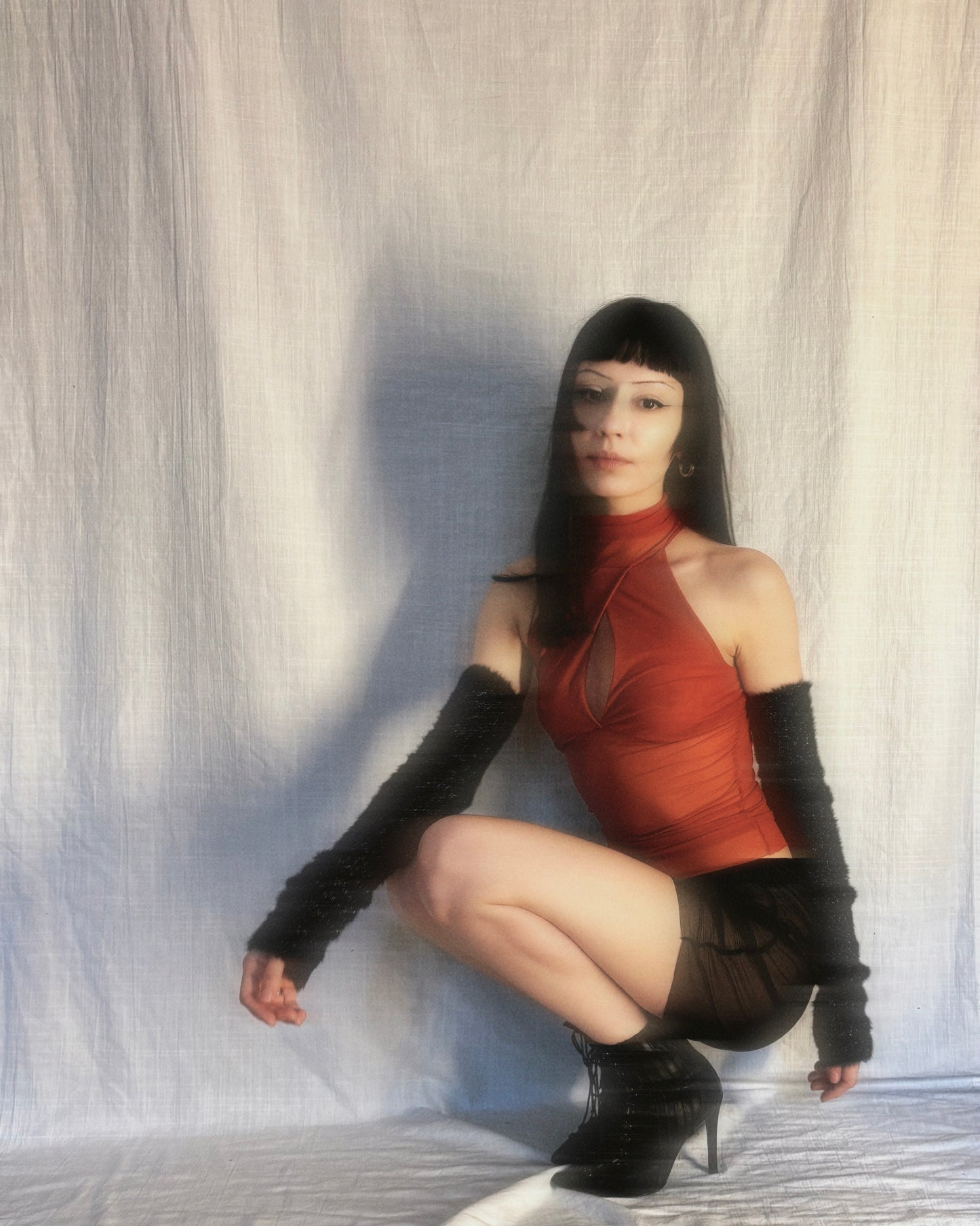 Handmade Melancholic Wrap Over Mesh Neckholder Tank Top Shirt Turtleneck - Terra