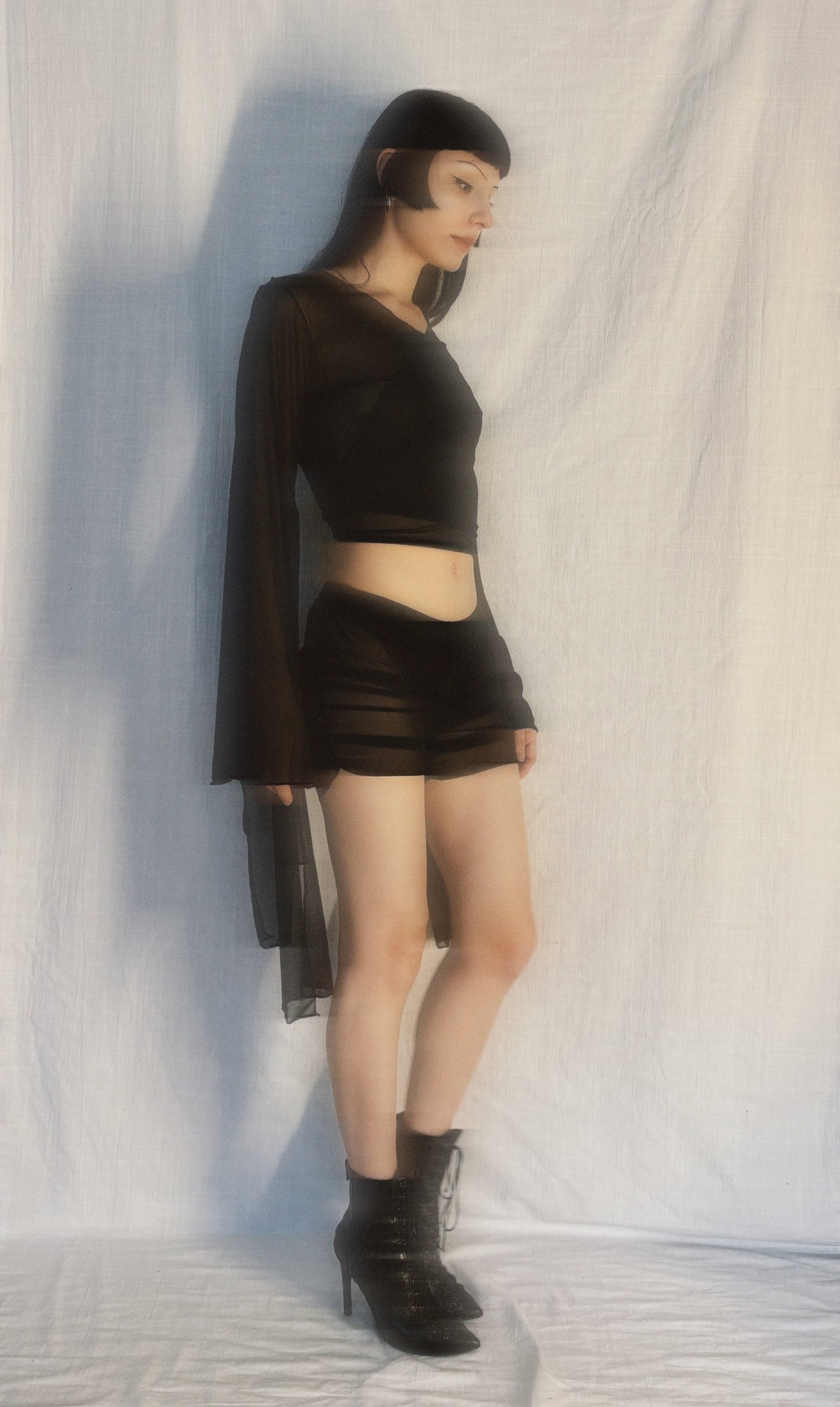 Handmade Melancholic Ballerina Mesh Cardigan Transparent Reversible Wrap Over Blouse - Black