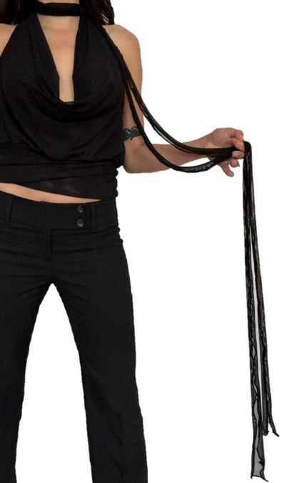 Handmade Parisian Neckholder Mesh Top with Waterfall Collar and Super Long Cords - Black