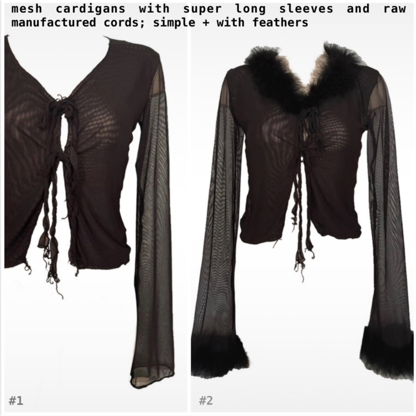 Handmade Melancholic Mesh Cardigan To Tie With Extra Long Sleeves And Feathers - Black