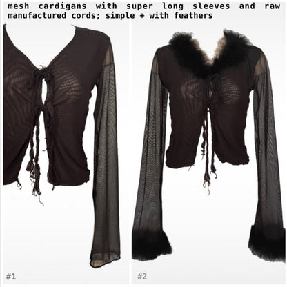 Handmade Melancholic Mesh Cardigan To Tie With Extra Long Sleeves And Feathers - Black