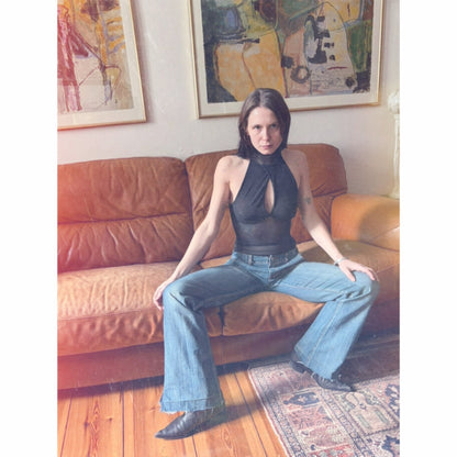 Handmade Melancholic Wrap Over Mesh Neckholder Tank Top Shirt Turtleneck - Schwarz