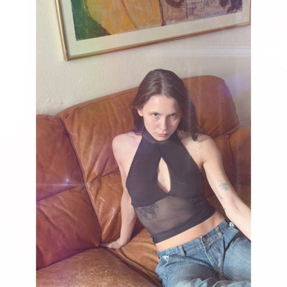 Handmade Melancholic Wrap Over Mesh Neckholder Tank Top Shirt Turtleneck - Schwarz