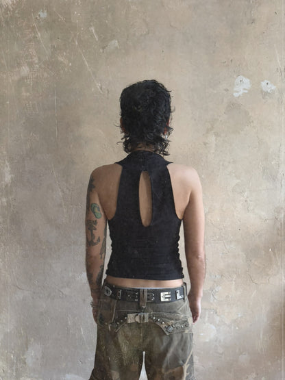 Handmade Reversible Cotton Neckholder Tank Top With Cutout - Black