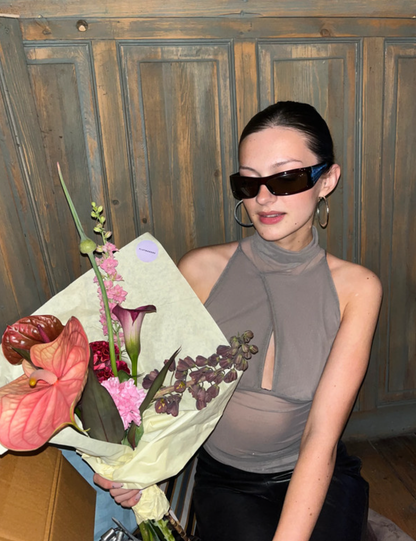 Handmade Melancholic Wrap Over Mesh Neckholder Tank Top Shirt Turtleneck - Grau