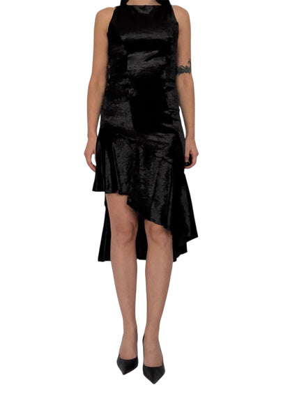 Handmade Asymmetrical Etui Dress with Volants and Hocks Made Of Velvet