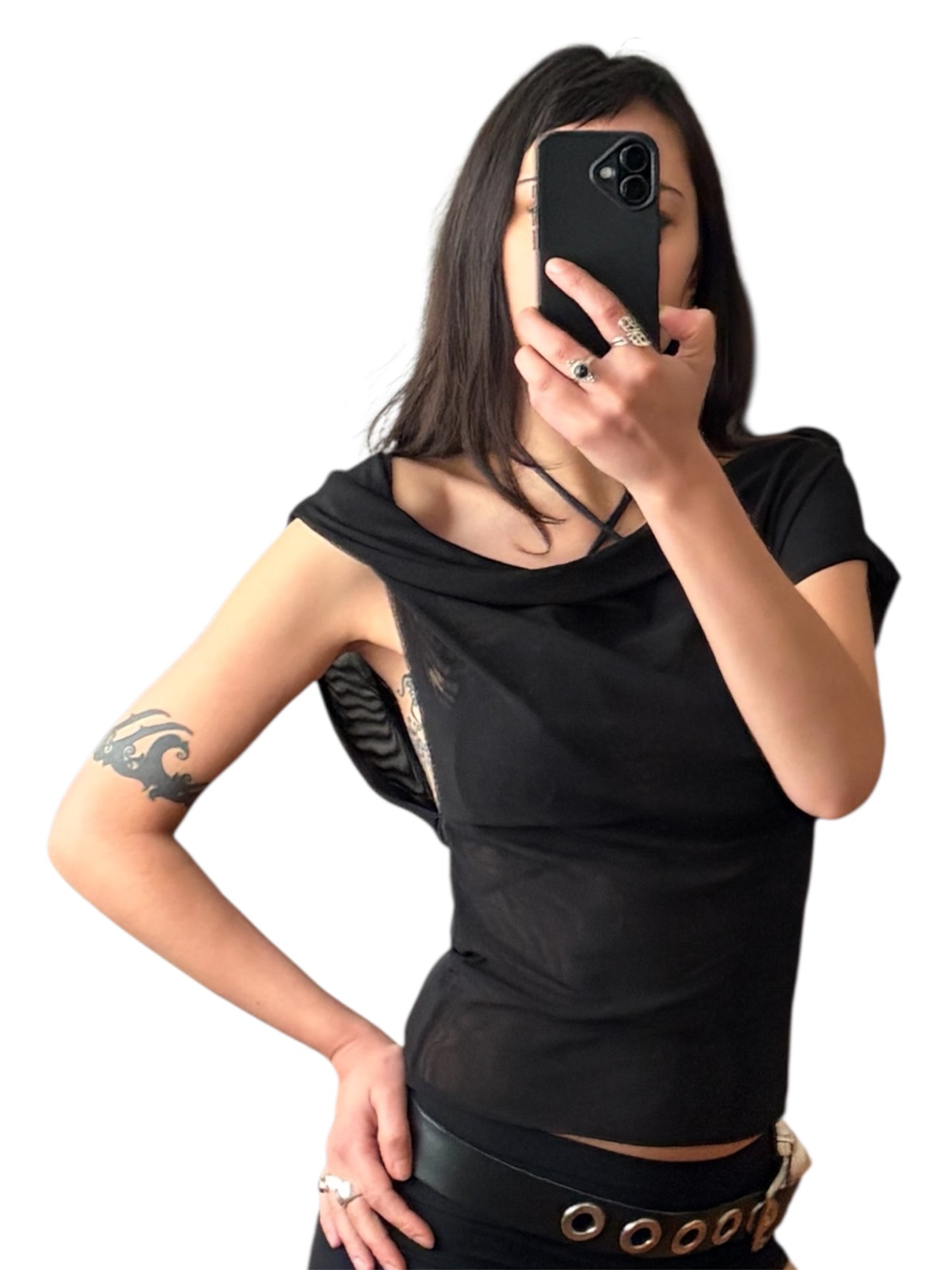 Handmade Asymmetrical  AvantgardeDraped Double Layered Mesh Shirt - Black