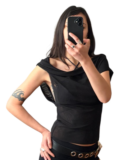 Handmade Asymmetrical  AvantgardeDraped Double Layered Mesh Shirt - Black
