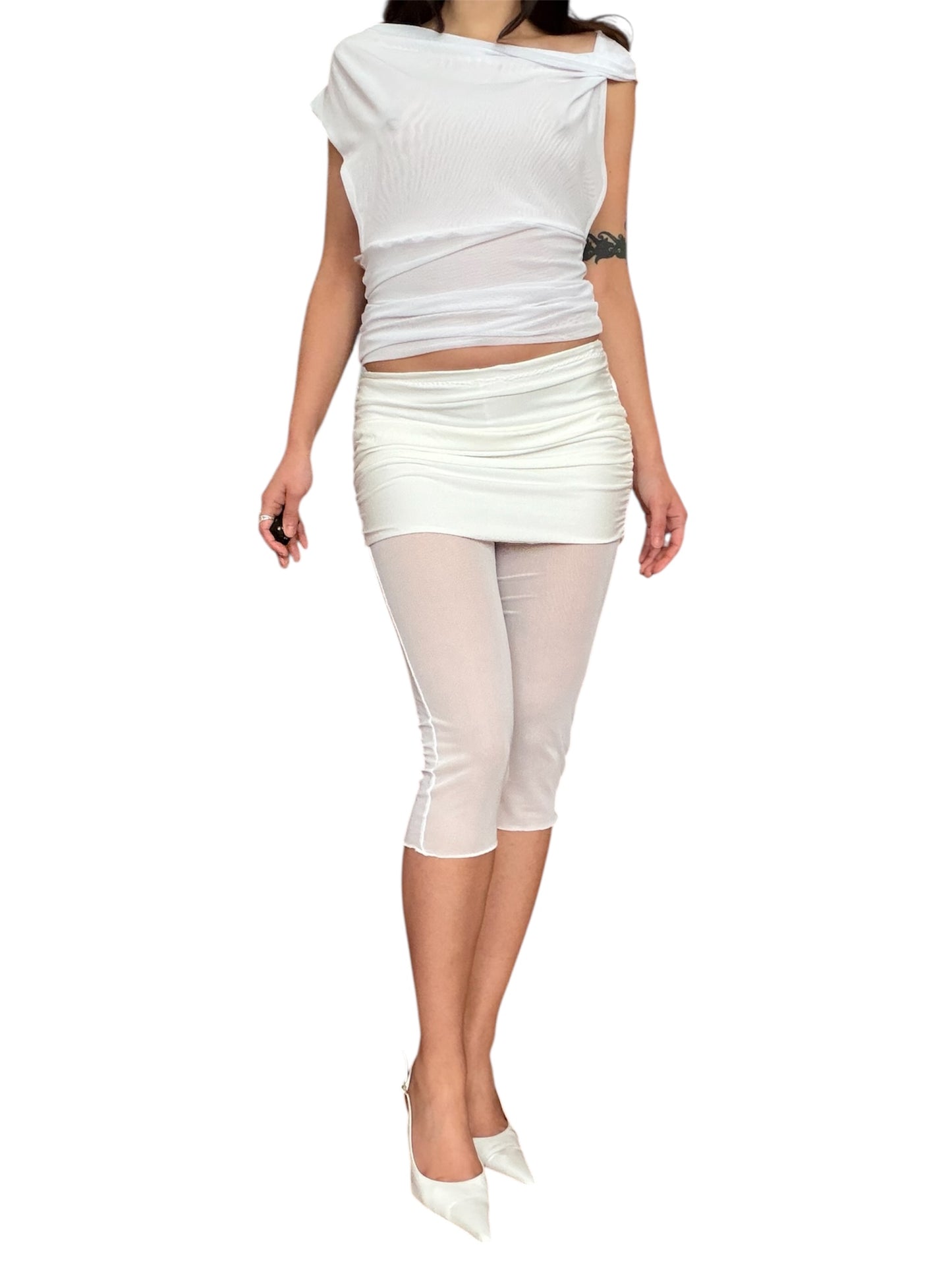 Handmade Mesh Leggings With Ruffled Viscose Mini Skirt - White