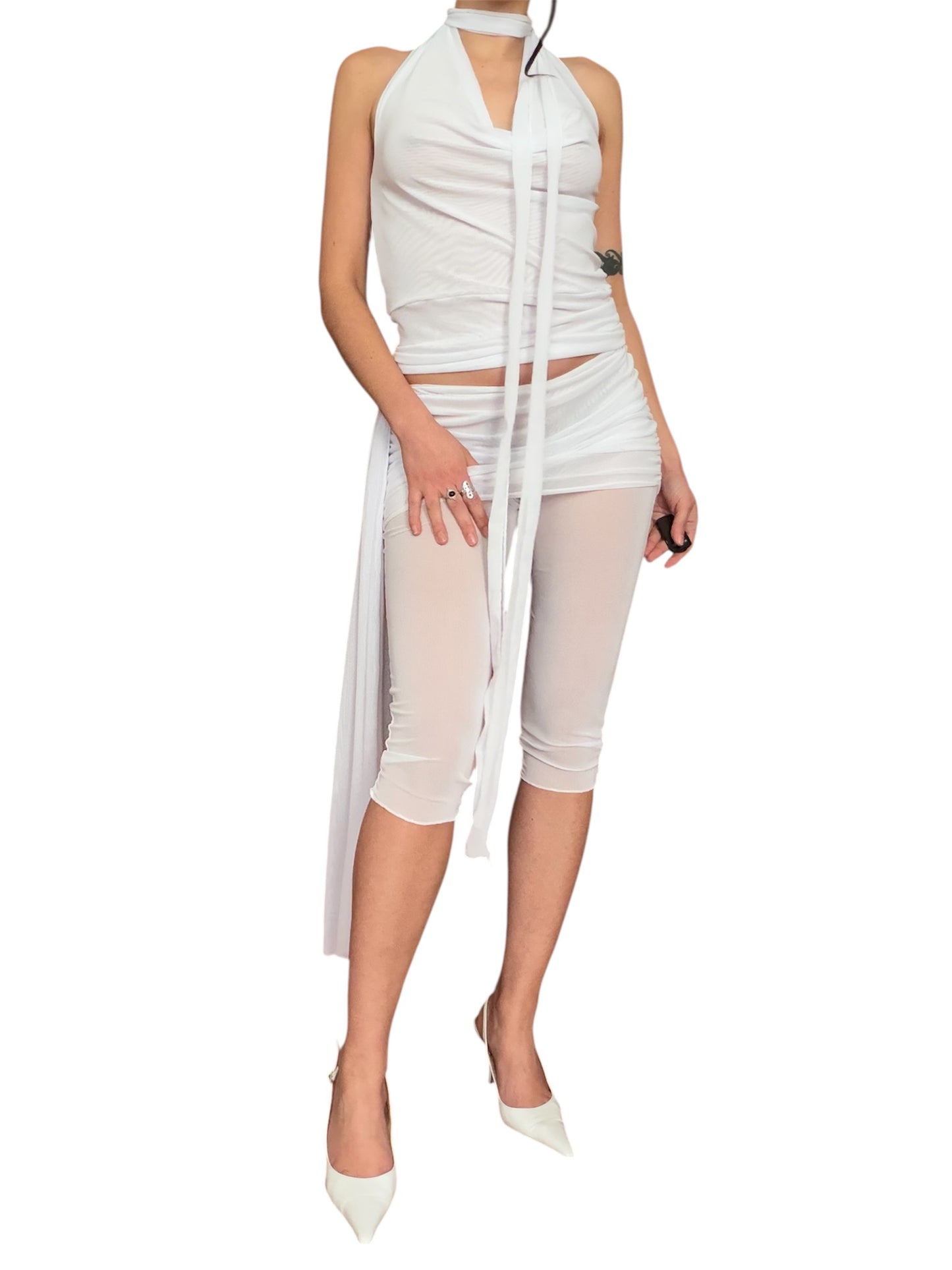 Handmade Neckholder Mesh Top with Waterfall Collar and Super Long Cord - White