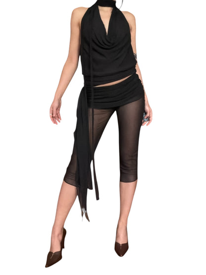 Handmade Parisian Neckholder Mesh Top with Waterfall Collar and Super Long Cords - Black