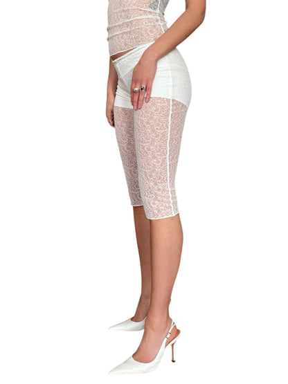 Handmade Lace Mesh Leggings With Viscose Mini Shorts - White