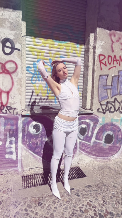 Handmade Melancholic Wrap Over Mesh Neckholder Tank Top Shirt Turtleneck - White