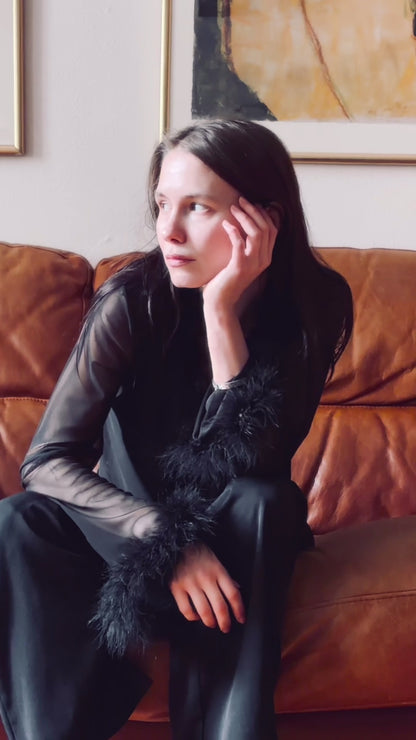 Handmade Melancholic Mesh Cardigan To Tie With Extra Long Sleeves And Feathers - Black