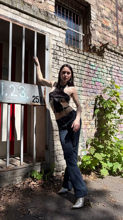 Handmade Velvet Halter Cross Top to Tie With Creme Overlock Seams - Rebell Show Top